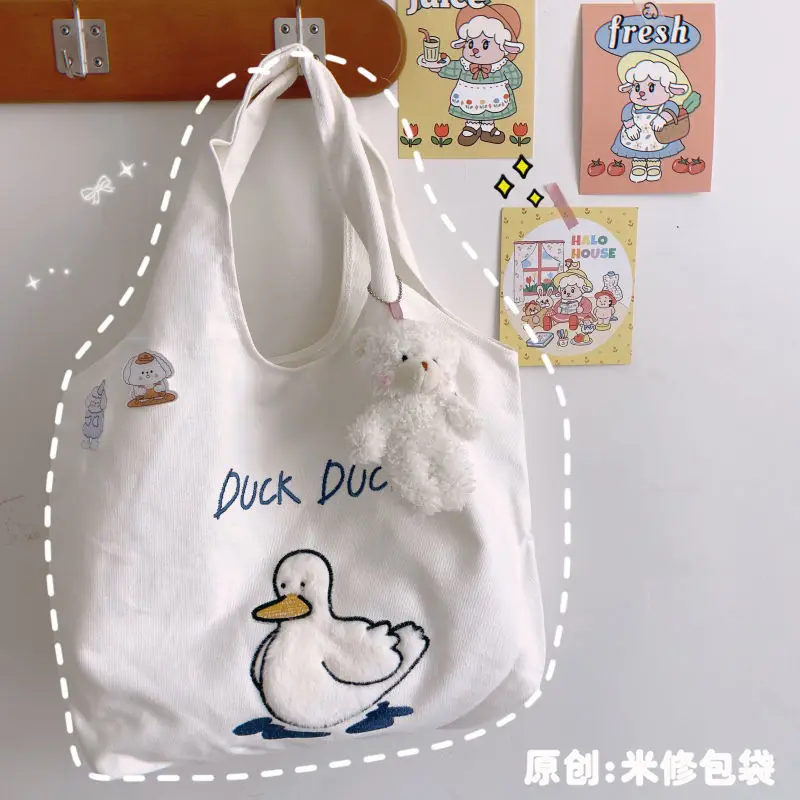 

Японская тканевая сумка Yuanqi, Женская Студенческая сумка Xiaoqingxinsen с мультяшным изображением милой утки, школьная Холщовая Сумка через плечо
