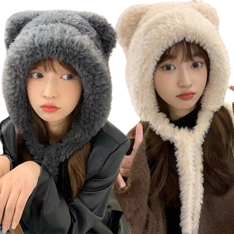Зимняя простая Милая крутая Милая вязаная плюшевая утолщенная шерстяная шапка с маленькими медвежьими ушками Милая универсальная искусственная роскошная женская