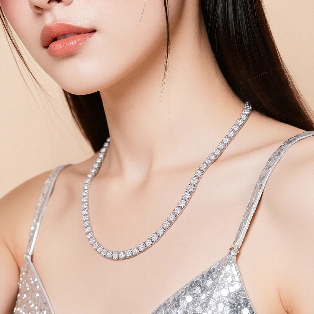 PT950 platinum lab diamond pendant necklace worn by model with silver sequin top – Vexaro