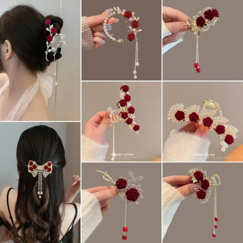 

French Retro Rose Flower Tassel Hair Clip Korean Style Rhineston Elegant One Word Ponytail Clip Women Party Accessories