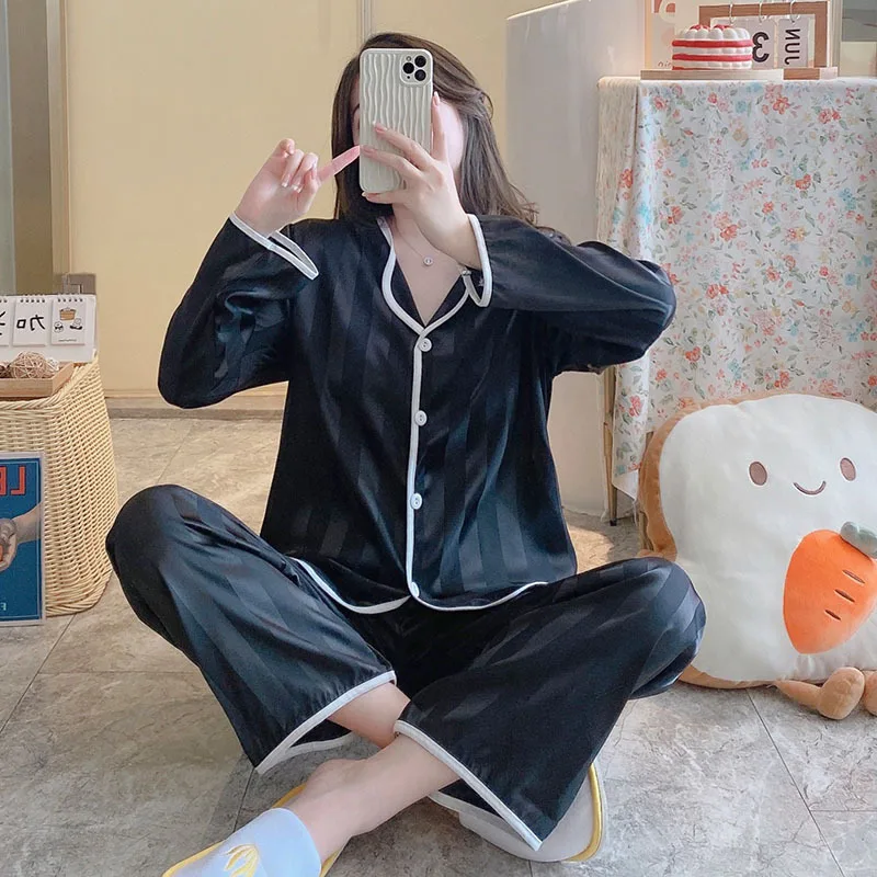 Women Pajama Sets Faux Silk Satin Pyjamas Striped Female Pijama Lapel Long Sleeve Shirt Pants Suit Sleepwear Homewear Loungewear