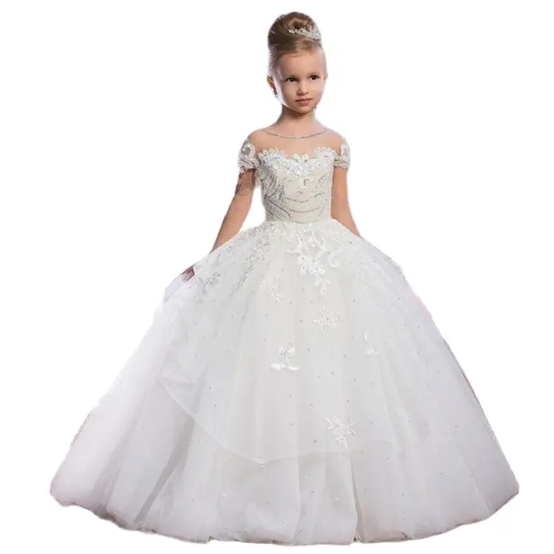 

Hot Grace Flower Girl Dresses Blue Pink Champagne Luxury Sleeveless Expansion Ruffles Flowers Little Girls Pageant Tulle Gowns