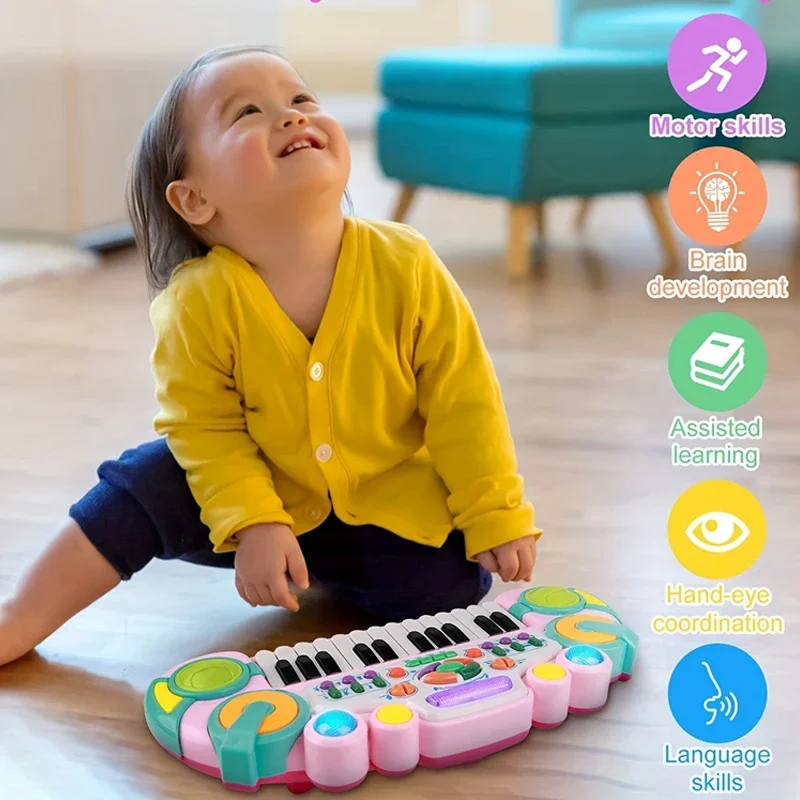 

Розовое детское пианино с клавиатурой, игрушка, детское пианино с 24 клавишами, музыкальные инструменты, игрушки, подарок с подсветкой, музыка
