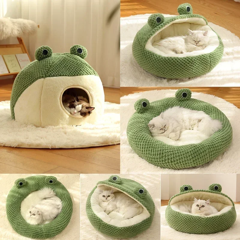 

Pet Nest Winter Warm Dog Den Cat Villa Plush Pets Mattress Small Frog Shape Semi Enclosed Kitten Puppy House Pet Sleep Supplies