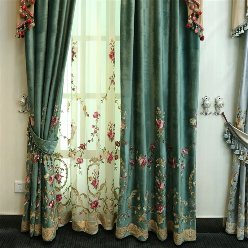 

Luxury Curtains for Living Room Dining Bedroom Floral Tulle Green Velvet Sheer Window blackout Treatment High-end Embroidered