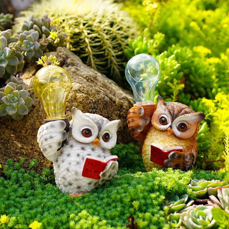 

Resin Reading Owl With Solar Light Ornament Figurines LED Yard Stake Lamp Fairy Statues Courtyard Outdoor Light Decor