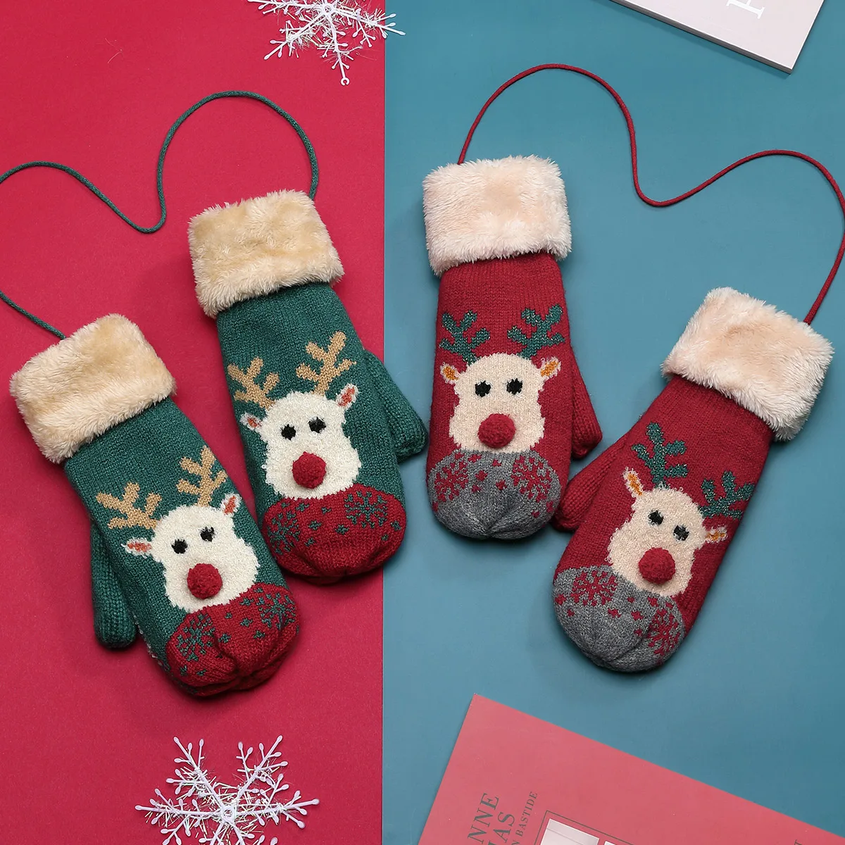 

Зимние вязаные теплые варежки на флисовой подкладке, Женские варежки для холодной погоды, Мультяшные Висячие варежки на воротнике с пальцами, Рождественский подарок