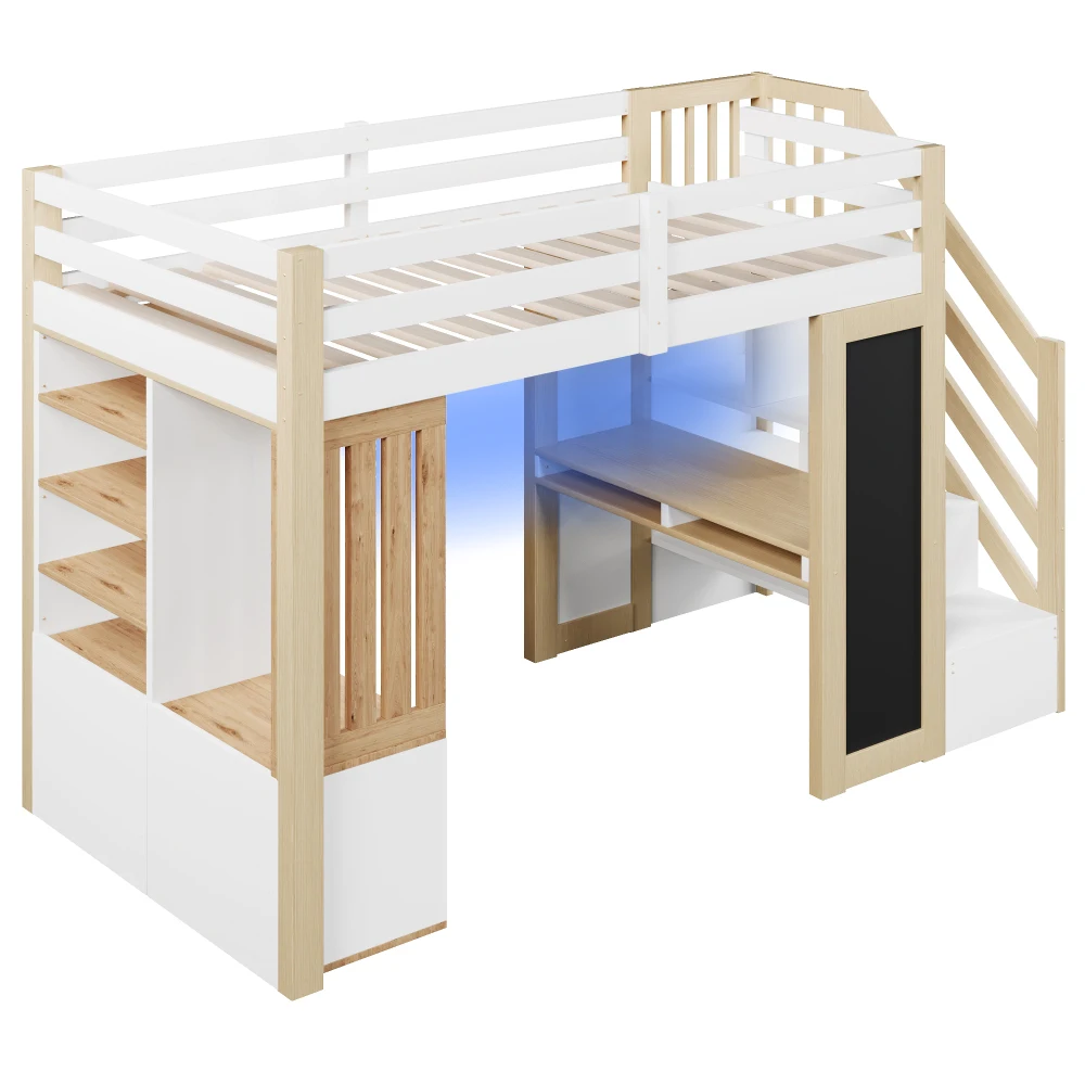 90*200cm Kinderbett mit Schreibtisch, Regalen und Kleiderschrank, Leiter, integrierte LED-Beleuchtung – Multifunktionsbett ohne Matratze – Detail 14