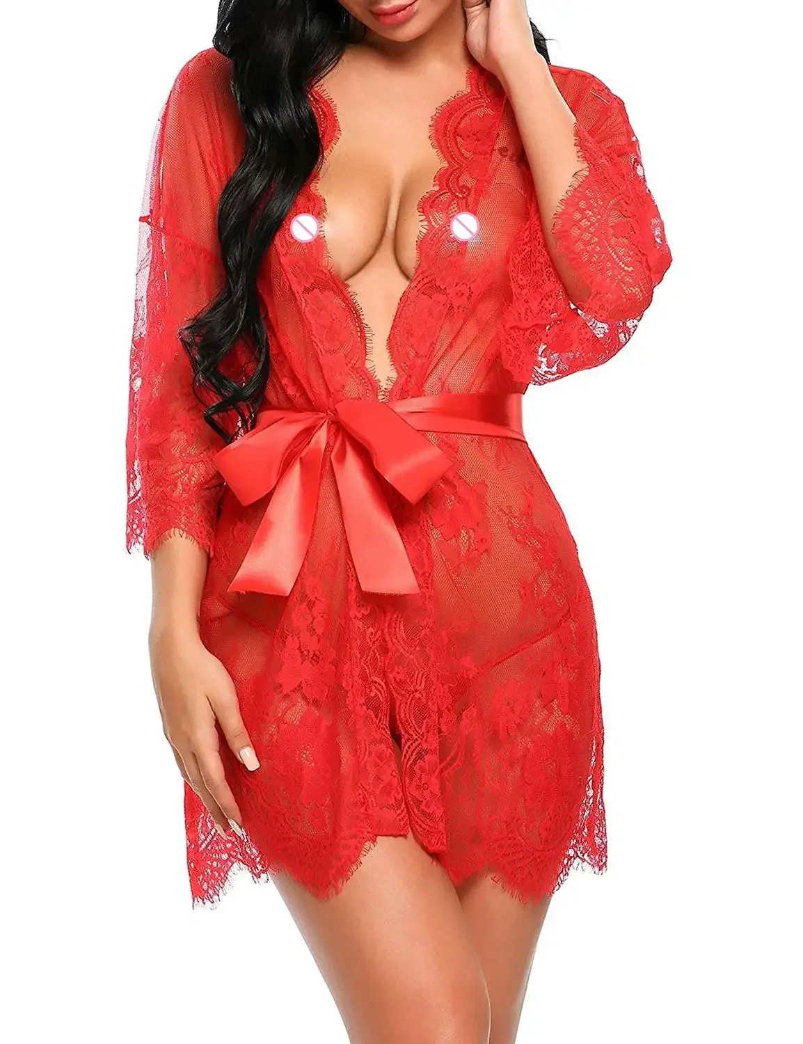 Lace Sleepwear Dress Robe Kimono Women Sexy Lingerie Transparent V-Neck Nightwear Babydoll Erotic Robe G-string Costume women lingerie