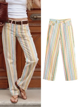 HH Women Vintage Old Money Rainbow Stripe Trousers High Waisted Loose Zipper Fly Wide Leg Pants 2026 Fall Fashion Street Bottoms