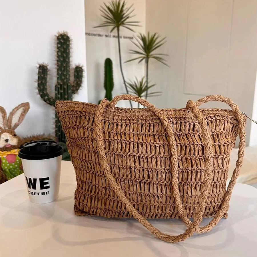 Round Straw Beach Bag Vintage Handmade Woven Tote Shoulder Bag