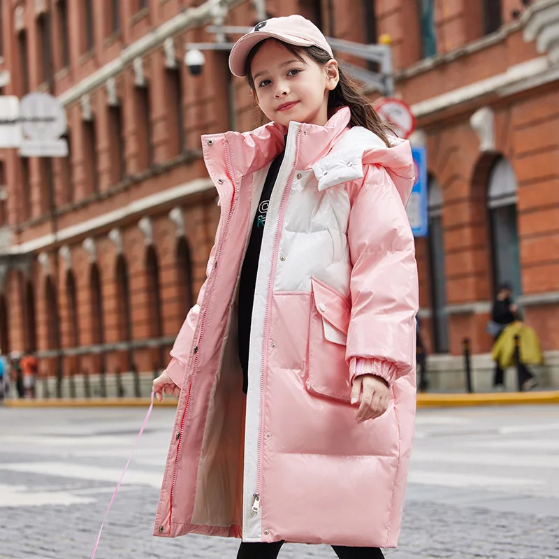 

Girls Down Jacket 2023 Glossy Winter Long Feather Coat White Duck Down Loose Parkas Kids Clothes Children Shiny Puffer Snowsuit