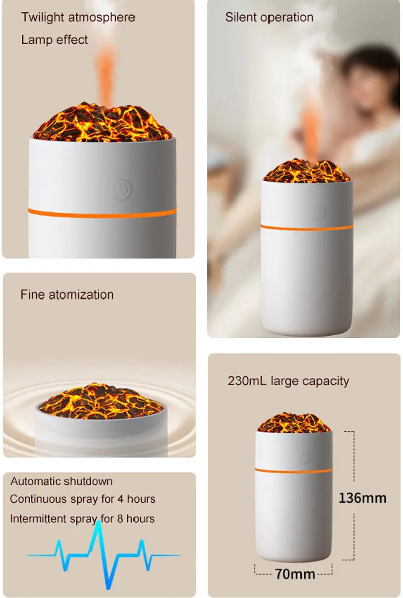 Small hydrating Moisturizing Sprayer Humidifier Ultrasonic Colorful LED Lighting Simulation Volcano 230ml Silent USB Type-c