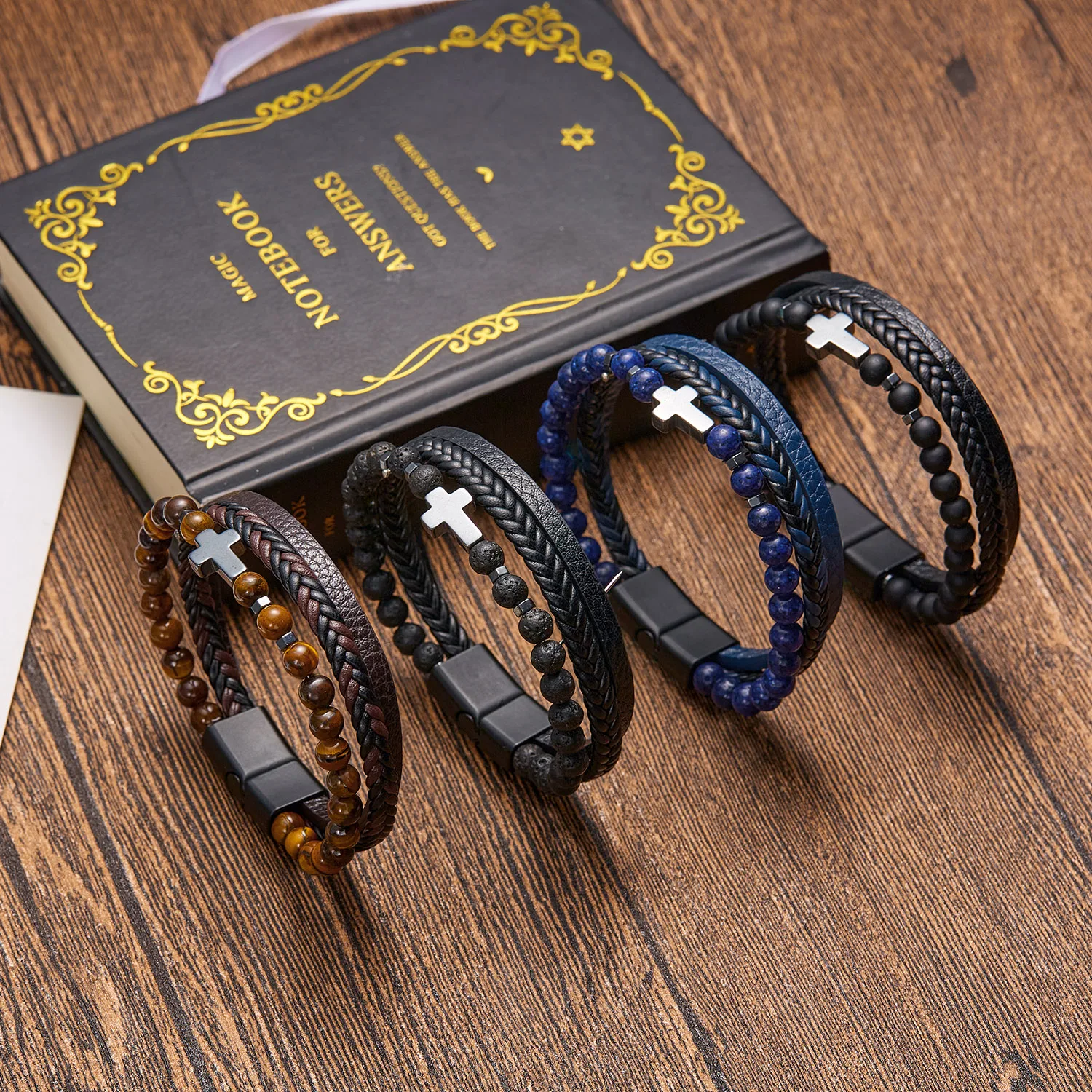 Men Leather Bracelet Vintage Fashion Tiger Eye Volcanic Stone Beaded Multi Layer Leather Cross Bracelet for Men Jewelry Gift leather bracelet beaded bracelet stone bracelet