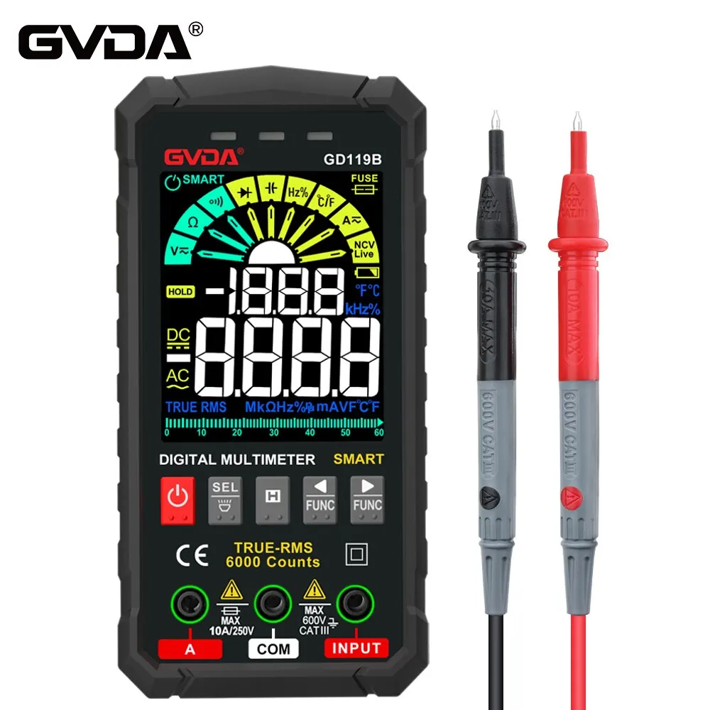 Multímetro Digital GVDA 600V True RMS AC/DC NCV, Testador Inteligente de Multímetro, Medidor de Ohm, Capacitância, Hz e Tensão, Multitester Sem Contato