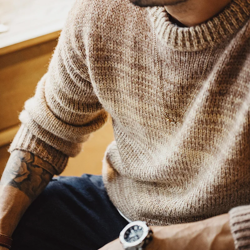 Maden Men's Autumn Winter American Vintage Gradient Stripe Sweater Pullover Round Neck Blended Knitwear 2