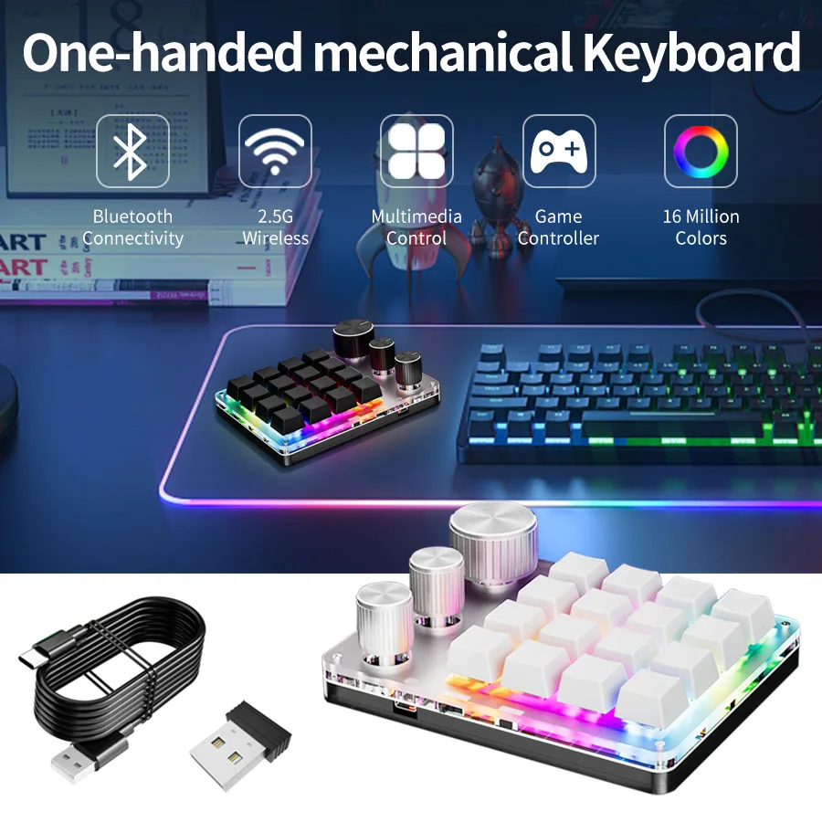Compact Customizable Mechanical Gaming Keypad with 16 Keys and 3 Knobs - Wired & Wireless Options, Hot-swap Capability, Macro Programming Features
