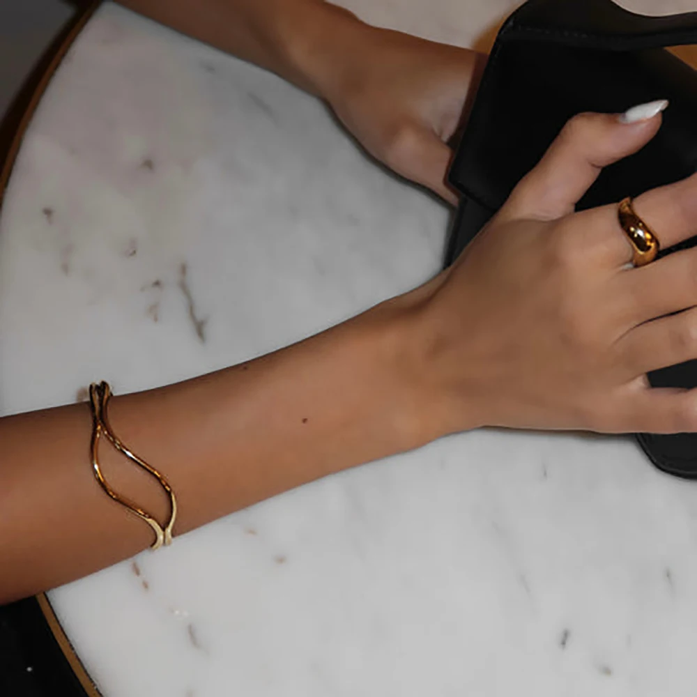 Stainless Steel PVD Double Wire Bracelet Thin River-shape Wave Bracelet Waterproof Ripple Geometric Cuff Bangle Open Adjustable