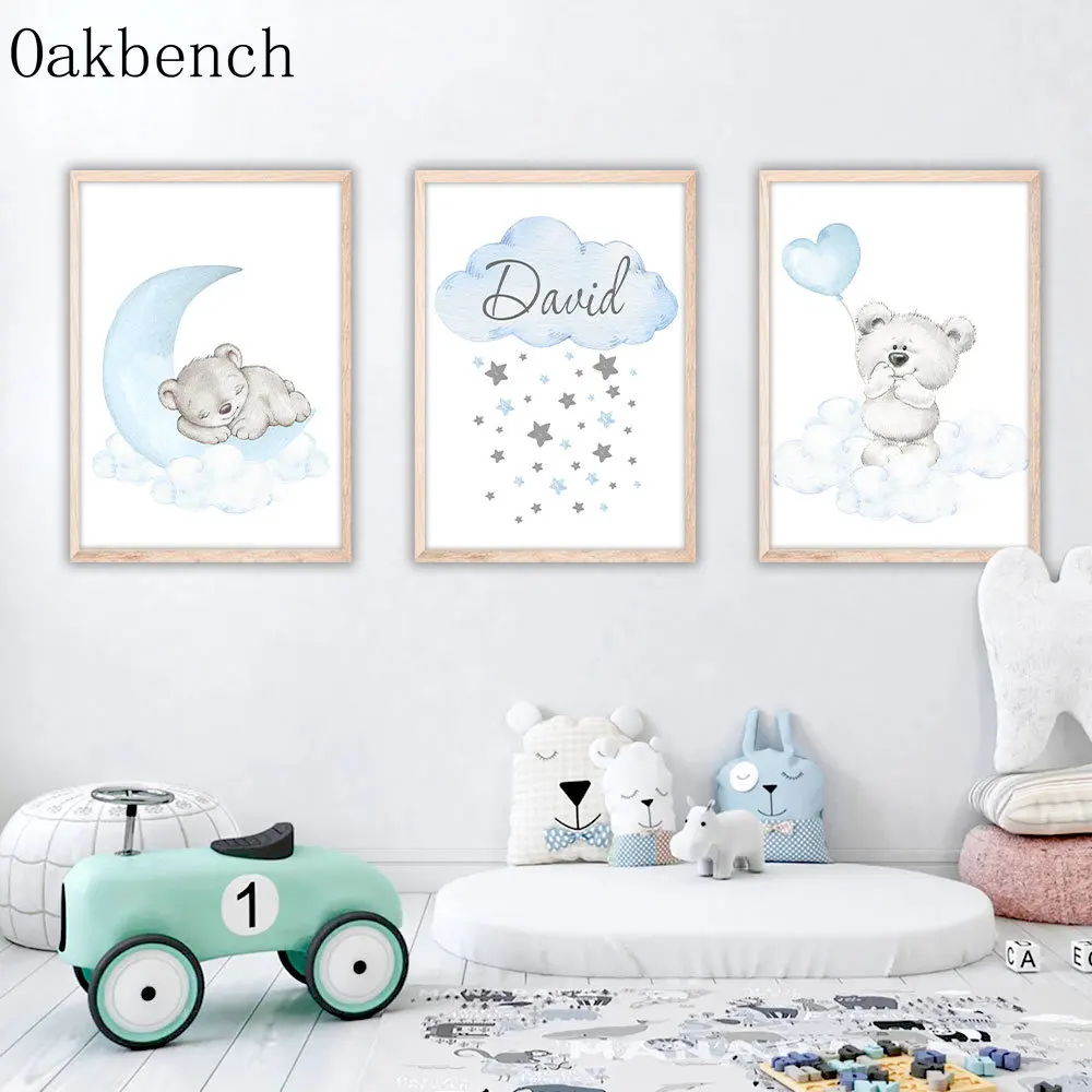 

Moon Cloud Canvas Poster Bear Balloon Art Prints Custom Name Print Pictures Nursery Wall Posters Baby Boy And Girl Bedroom Decor