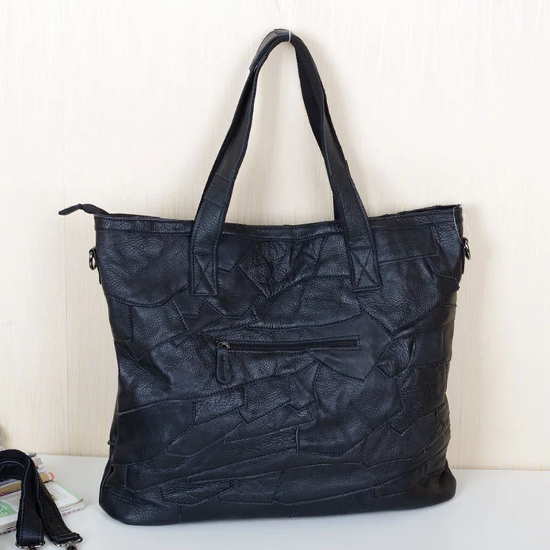 Large Capacity Women's Tote Bag Real Sheepskin Leather Shopping Shoulder Bags Soft Patchwork Design Ladies Top Handle Handbags