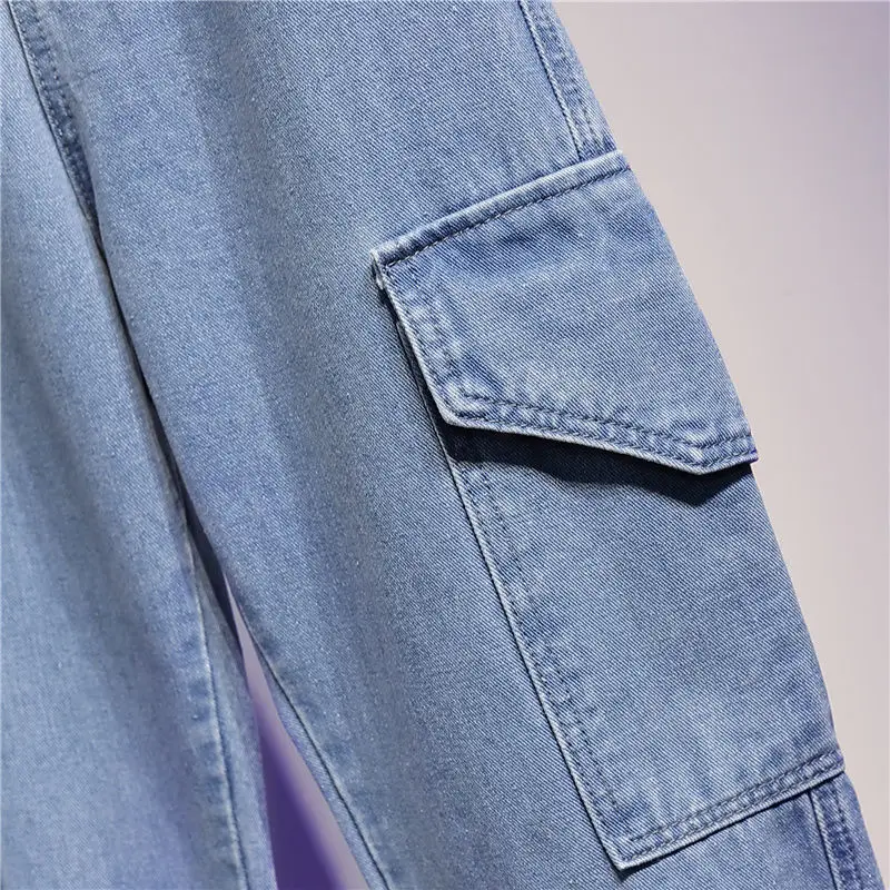 Light Wash Baggy Cargo Pants Women Jeans High Waist Wide Leg Denim Trousers 2022 Summer Fashion Streetwear With Pockets