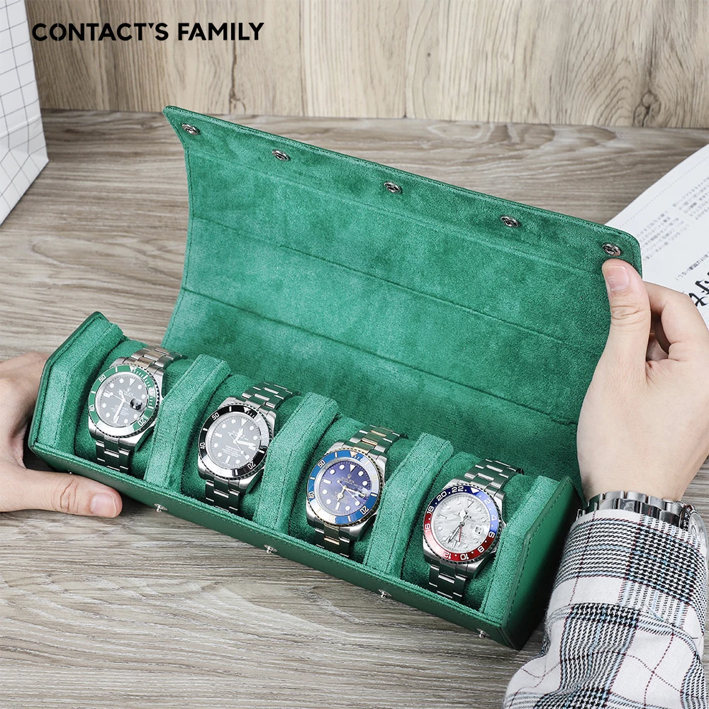 Watch Traval Case Box Organizer 4 Slots Genuine Leather Portable Zipper Watch Case  Bracelet Green Display Box