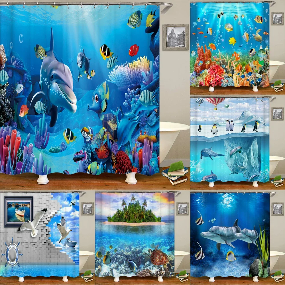 Underwater World Fish Turtle 3d Shower Curtains Ocean Dolphin Sea Scenery Fabric Waterproof Bathroom Decor Screen shower curtains