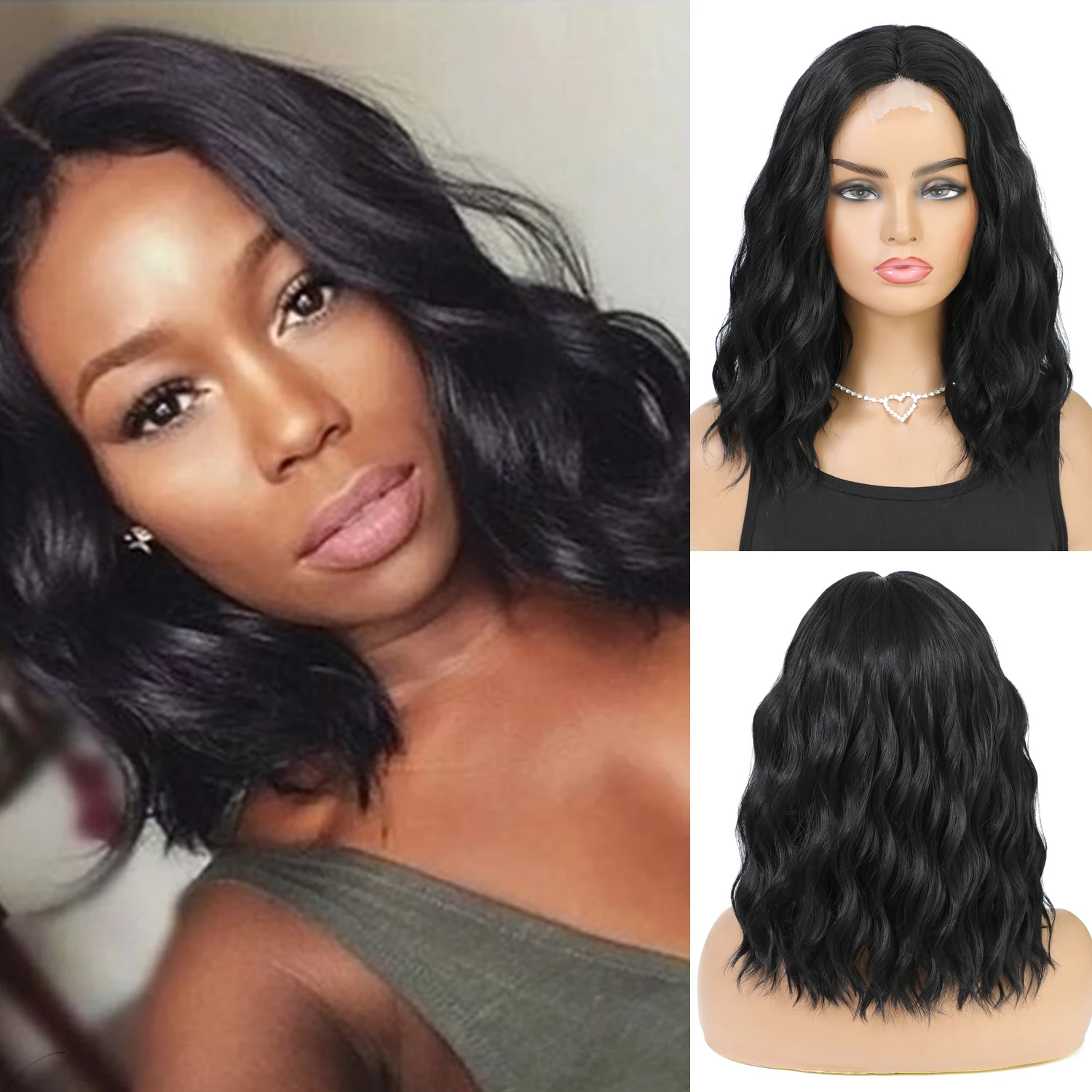 

Natifah Black Short Bob Wig Weave Curly Hair for Girl Daily Wear Synthetic Wigs New Style Natural Supple Summer Heatresistant