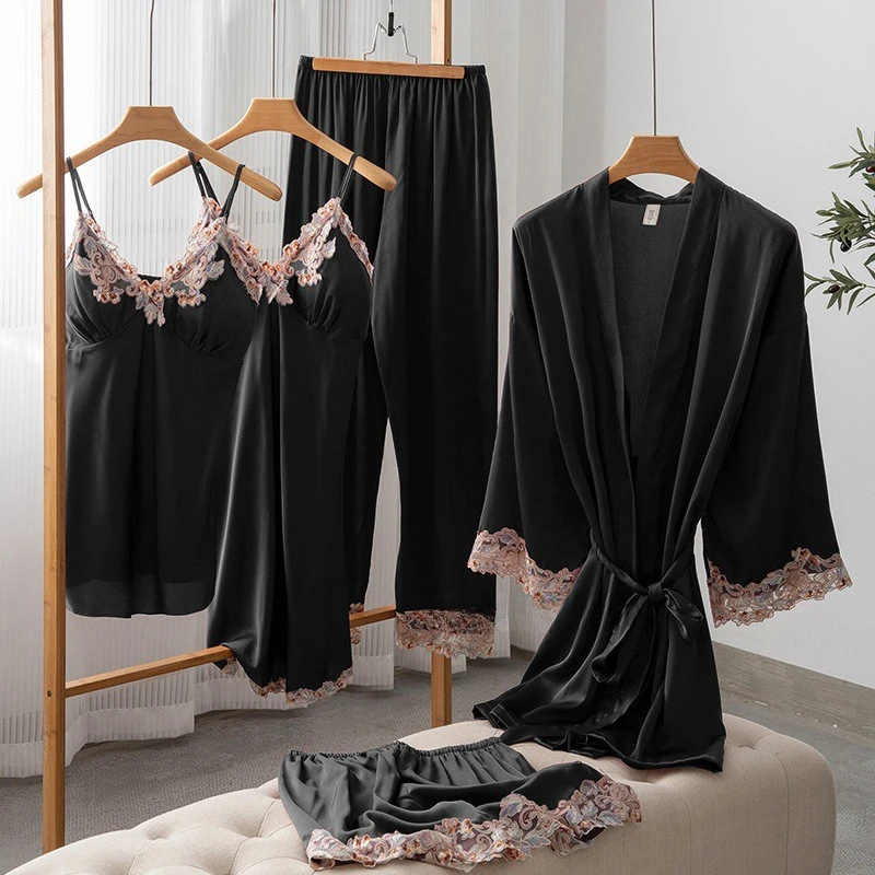 New Five Piece Pajamas Set Summer Female Satin Sleepwear Kimono Bathrobe Nightgown Spring Lady Lace Nightwear Robe Gown Homewear