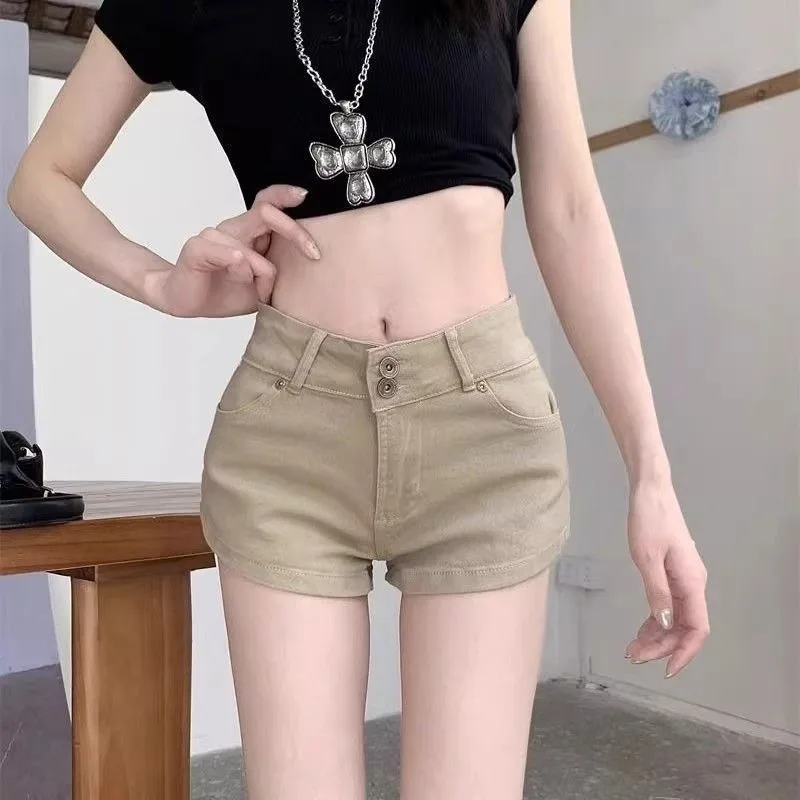 Women's khaki double button slim fit denim shorts, summer high waisted hot pants for hot girls with full hips and wrapped hips