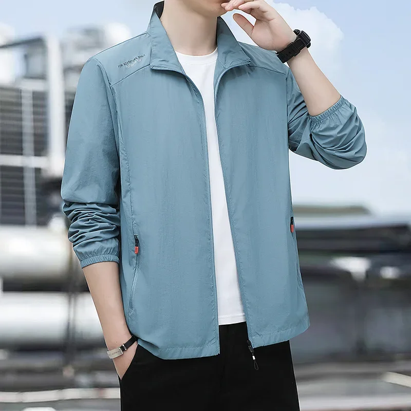 Ultra-thin Breathable Ice Silk Windbreaker Summer Men Fishing Sun Protection Clothing Man Casual Stand Up Collar Cardigan Jacket
