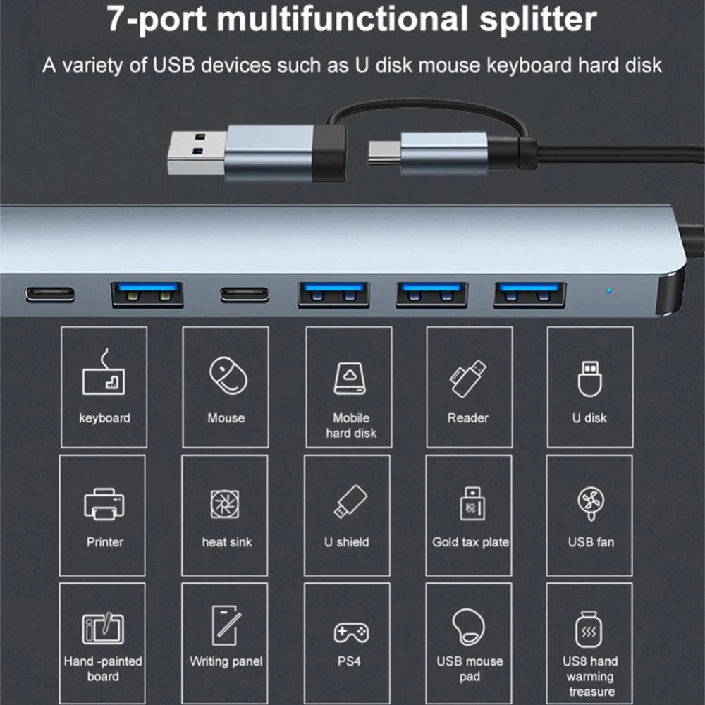 7 Port USB C HUB Multi USB Splitter USB 3.0 HUB Type C to USB OTG Adapter USB Dock Station with PD SD TF For Xiaomi Macbook Pro