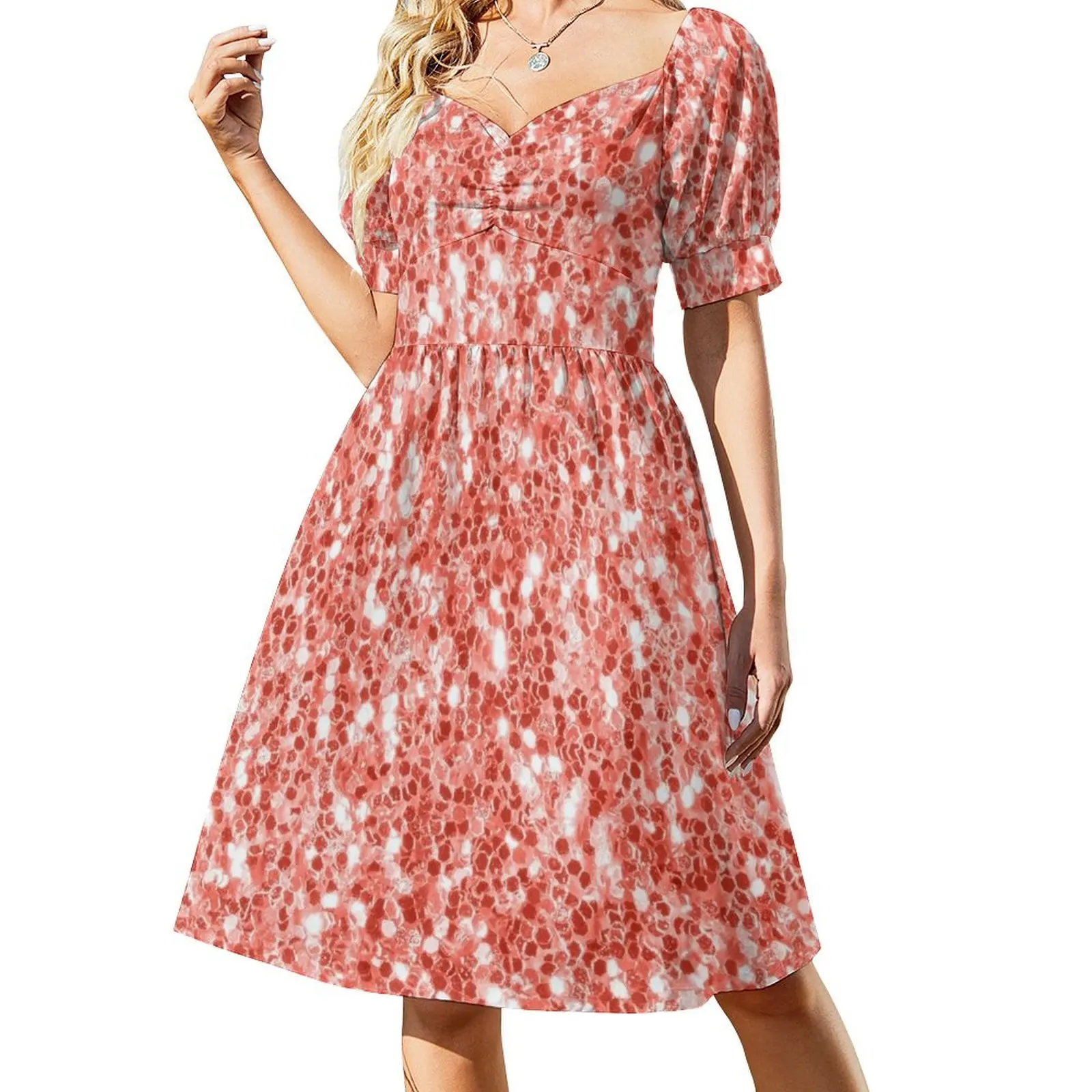 Vestido de manga corta en color rosa coral oscuro con detalles en naranja-rosa purpurina brillante para mujer (foto morada - no reflectante)
