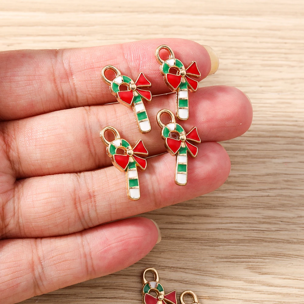 10 Stück 11x22mm Niedliche Emaille-Weihnachtskrücken-Anhänger für Schmuckherstellung DIY Tropfenohrringe Halsketten Armbänder Zubehör – Detail 3