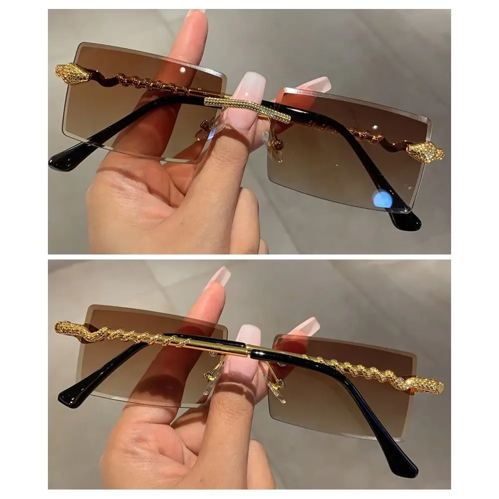 Trendige randlose, schlangenförmige Metall-Sonnenbrille mit quadratischem Rahmen, rahmenlose Street Shades-Sonnenbrille mit Farbverlaufslinse für Damen und Herren – Detail 7