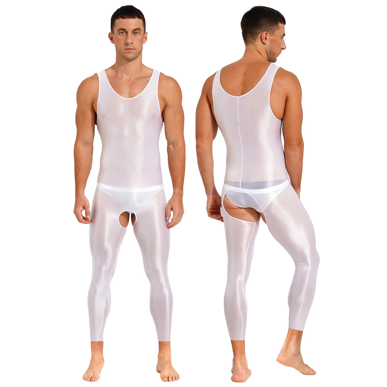 

Mens Sexy Crotchless Bodysuit Sleeveless Solid Glossy Stretchy Tights Rave Party Nightclub Pole Dancing Jumpsuits Sleepwear