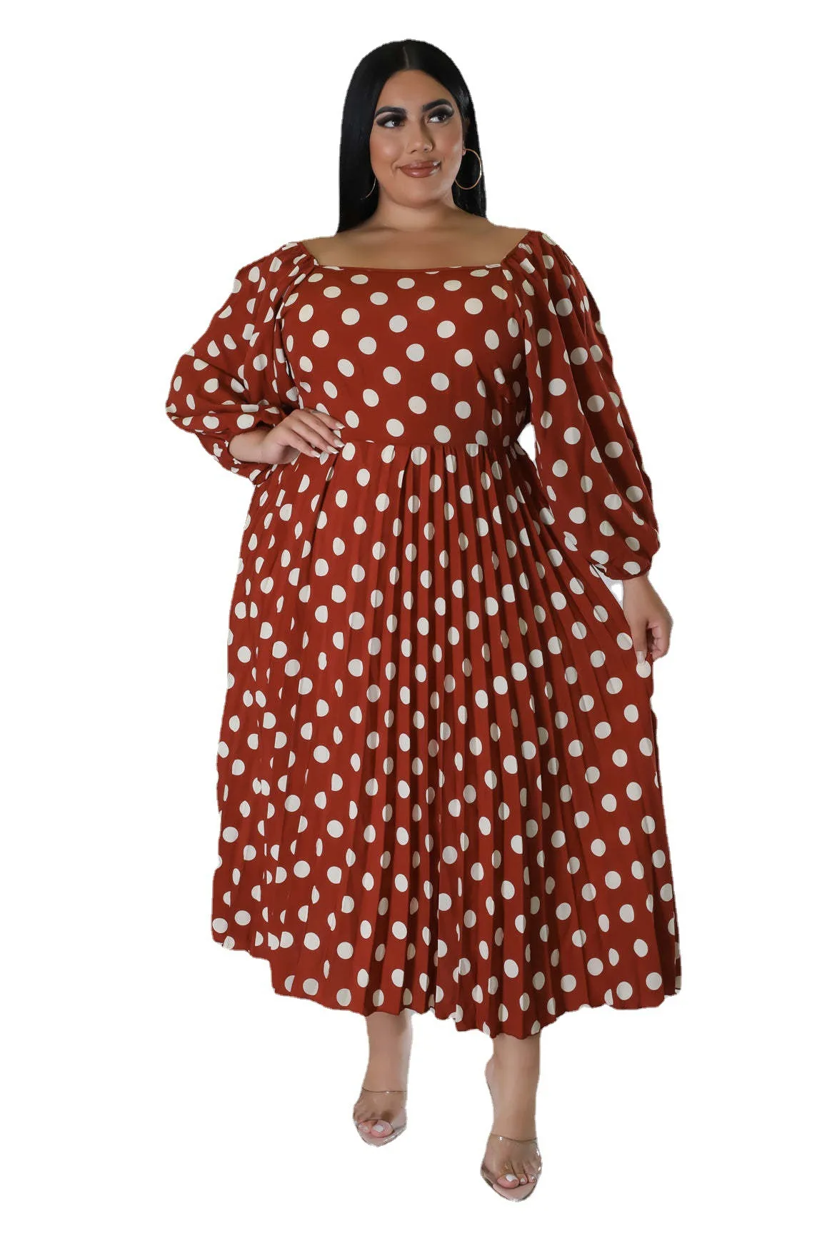 

Polyester African Dresses for Women Autumn Elegent African Women Long Sleeve Dot Print Dress XL-5XL African Clothes for Women