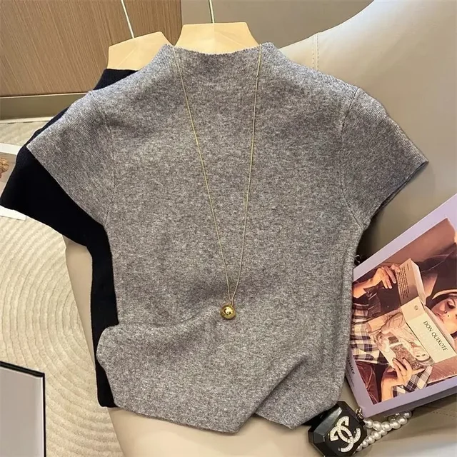 Basic Turtleneck Solid Thin Summer 2026 Pullover Women Female Knitted Sweater Slim Short Sleeve Bodycon Sweater 2