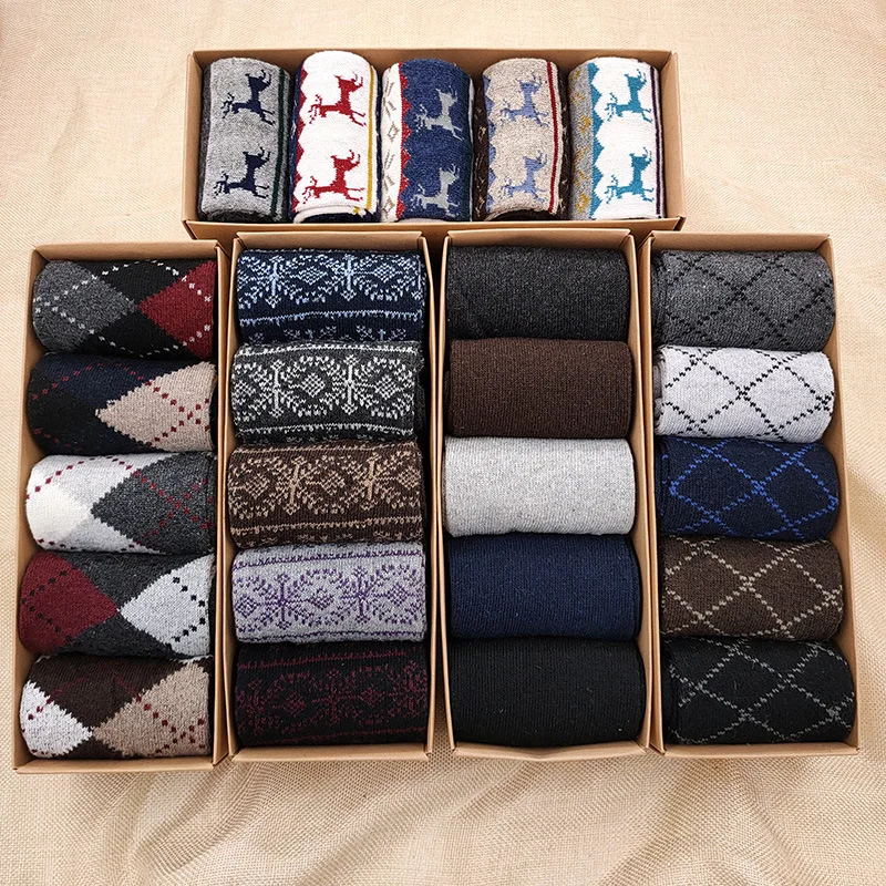 5 Pair wool socks Winter Men Middle  Tube Socks  Sports Sock Breathable Deodorant warm Business Socks gift box