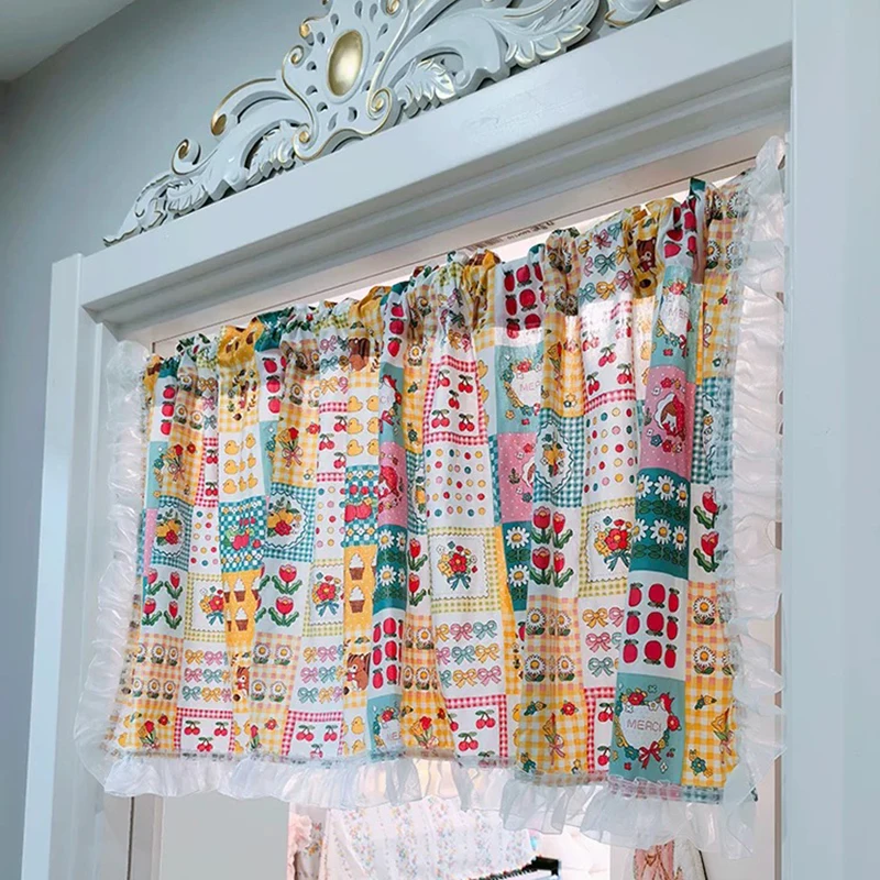 Lattice Fruit Patterns Korean Short Curtains Cloth for Living Room Japanese Pastoral Wave Lace Half Curtains for Kitchen #A591 5