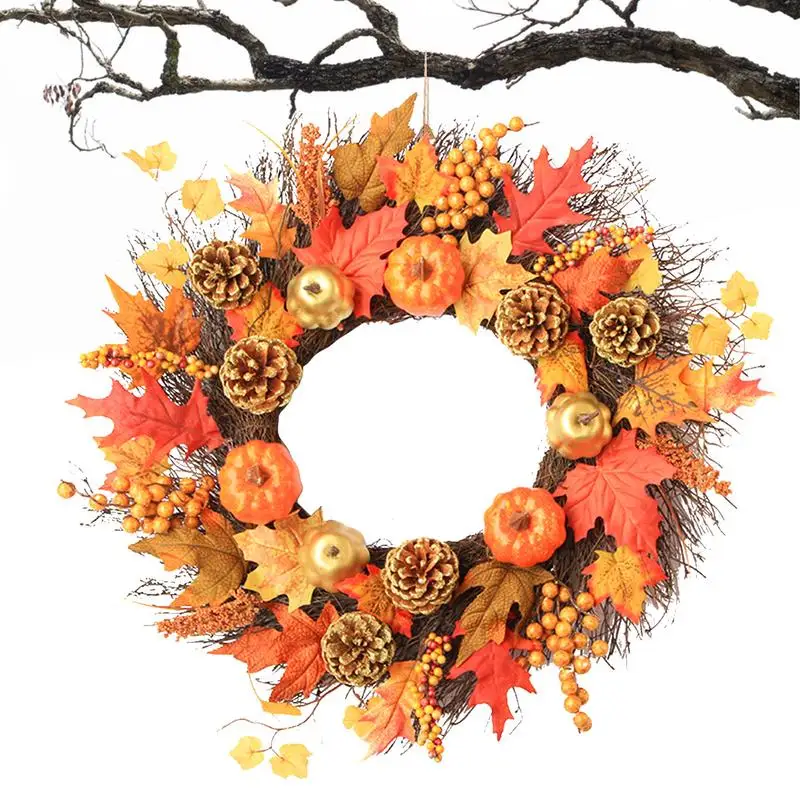 

Pumpkin Door Wreath Autumn Pumpkin Wreath 60cm/23.62inch Farmhouse Seasonal Hanger Decor With Maples Leaf Pine Cone Berry