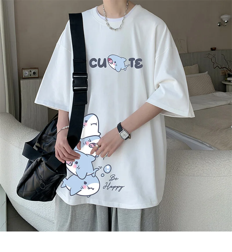 Men's Cotton T-shirts White Men Oversized T Shirt Anime Shark Print Summer Casual Wear 5XL Tee Shirts Big Size Male Clothes