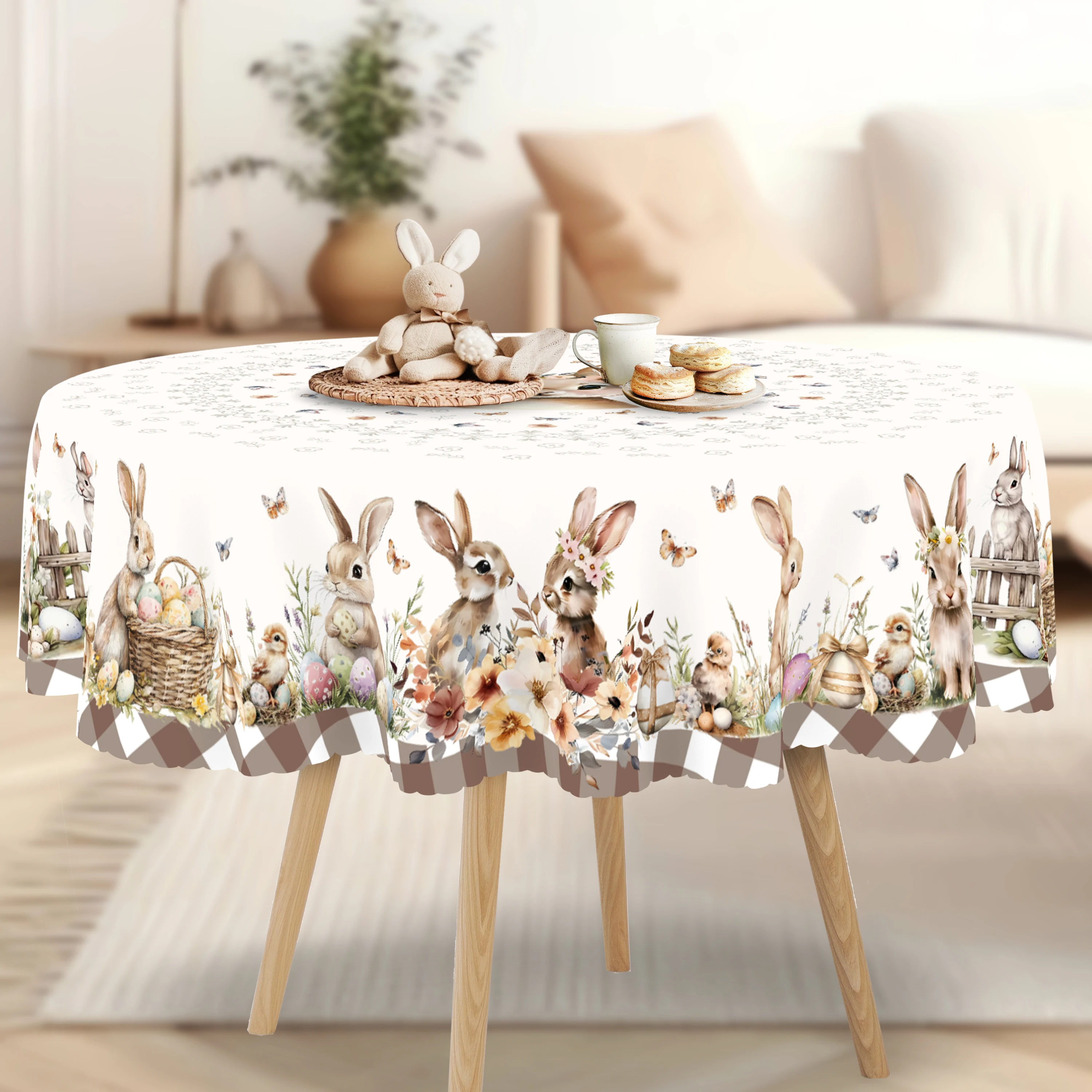 Cute Easter Themed Grey Rabbit Tablecloth - 1pc Spring Floral Print with Embossed Edge, Spring Outdoor Garden 3