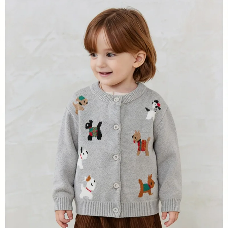 새로운 봄 가을 아동용 남아 여아 스웨터 강아지 프린트 니트 가디건 크루넥 니트웨어 용 긴팔 상의 데일리룩 B9277