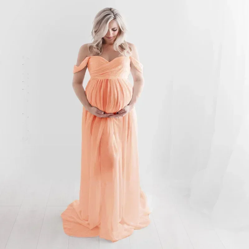 

Shoulderless Maternity Dress For Photography Sexy Front Split Pregnancy Dresses For Women Maxi Maternity Gown Photo Shoots Props