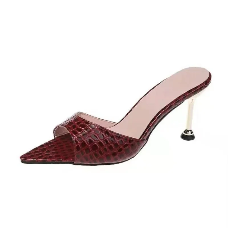 뱀 인쇄 Strappy Mule 여성 얇은 하이힐 슬리퍼 샌들 지적 들여다 발가락 슬라이드 파티 플립 플롭 신발