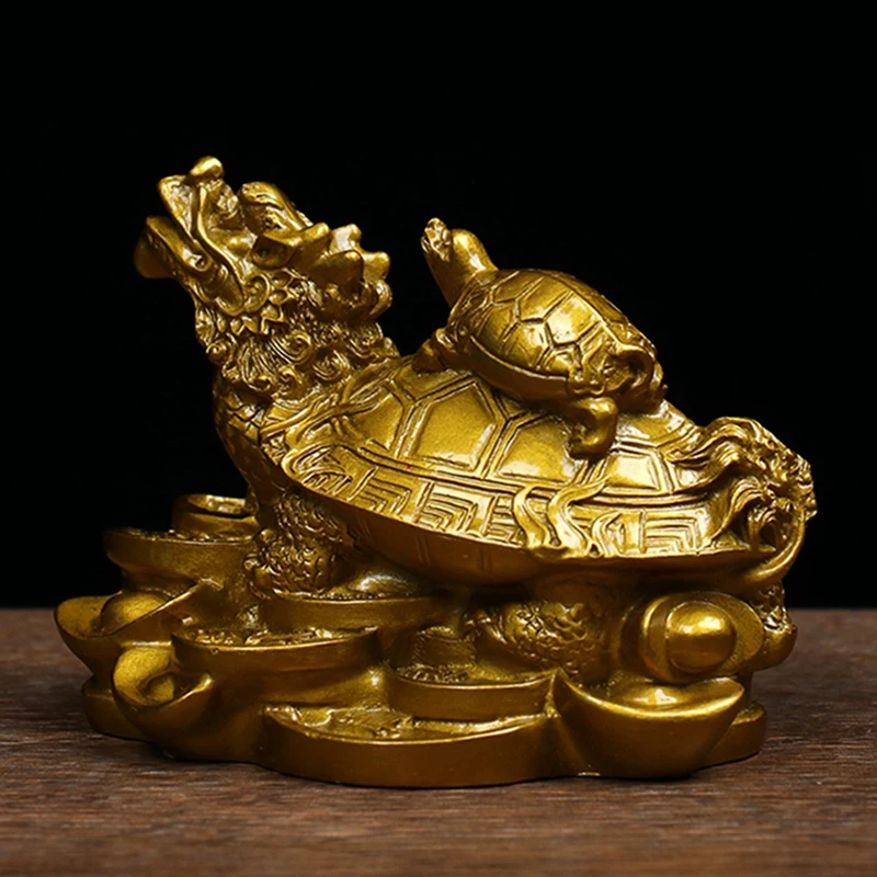 ABAE-1Pc Gold Feng Shui Dragon Turtle Tortoise Statue Figurine Coin Money Wealth Luck Office Decorations