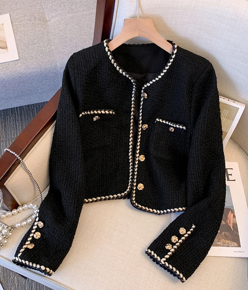Cropped Black Tweed Jacket Women Vintage Suit Quilted Coat Winter Short Blazer Ladies Korean Elegant Thick Outerwear Tops