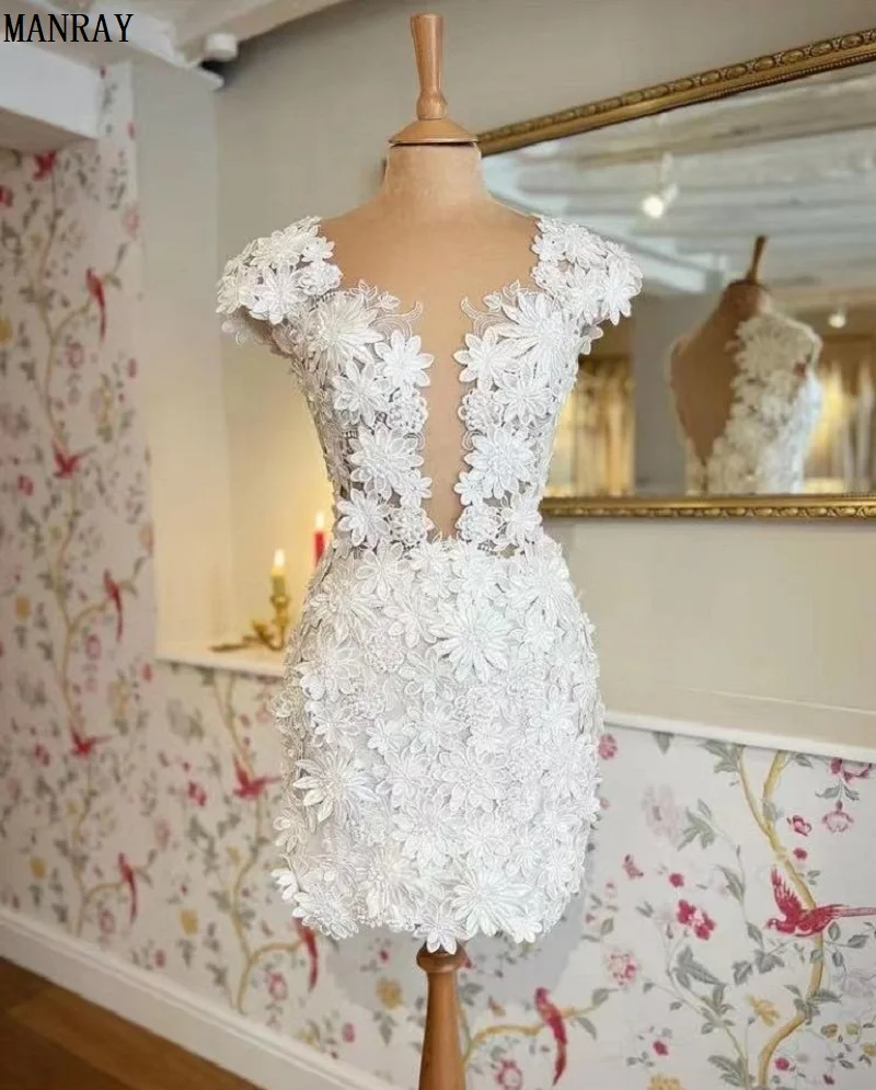 MANRAY Elegant Two Pieces Lace 3D Floral Plunging Wedding Dress with Detachable Skirt 2023 Bridal Reception Gown Robe De Soirée