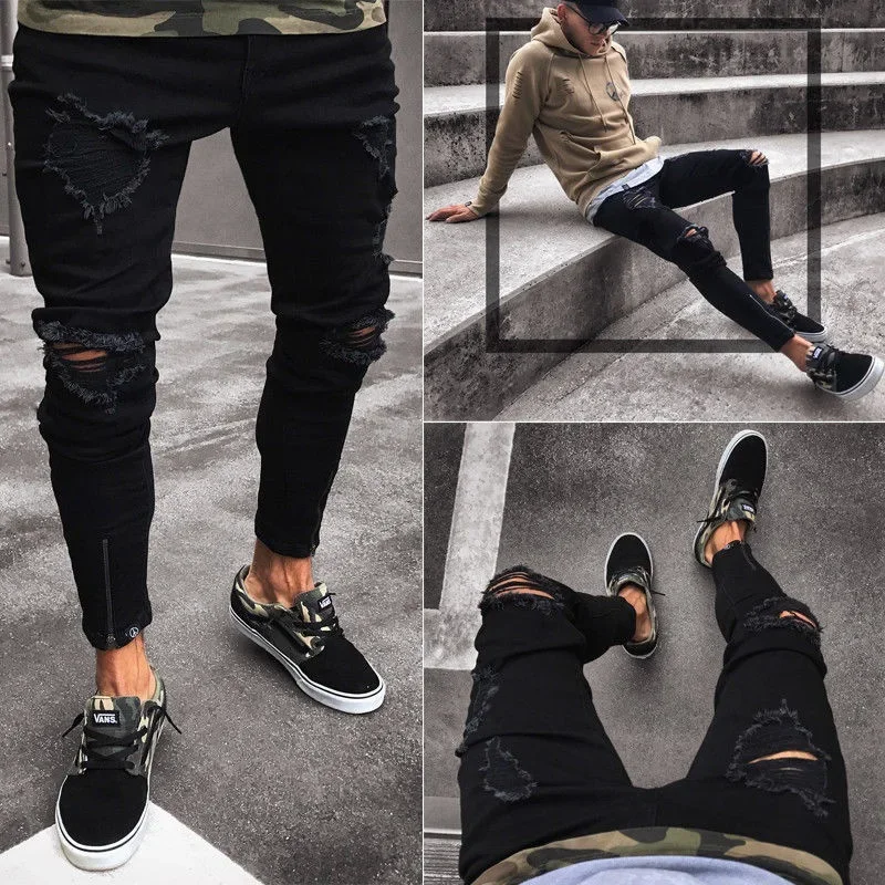 Mens Jeans Ripped Stretch Zipper Trousers ripped jeans,ripped patchwork jeans